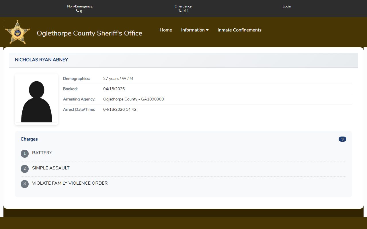 Oglethorpe County booking detail page with mugshot field disabled